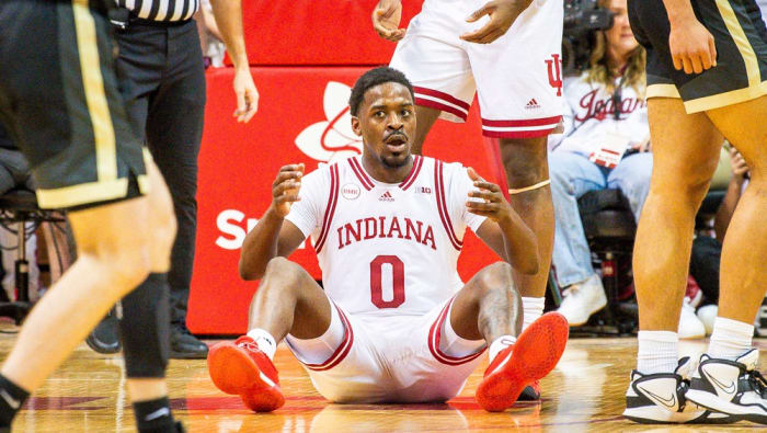 Indiana's Xavier Johnson (0) reacts to getting called for a foul during the second half of the Indiana versus Purdue men's basketball game at Simon Skjodt Assembly Hall on Tuesday, Jan. 16, 2024.